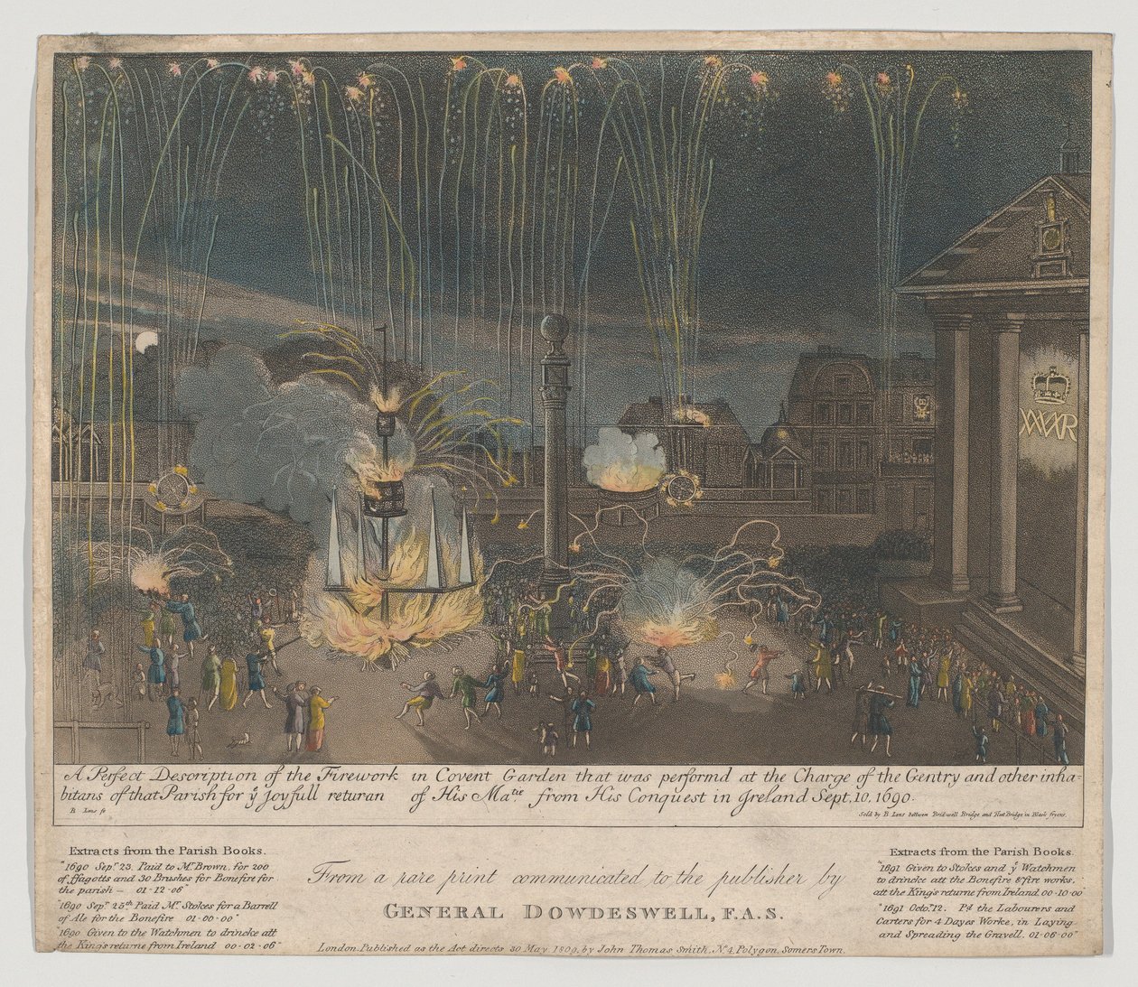 Fyrverkeri i Covent Garden, 1809 (etsing og akvatint, håndfarget) av Bernard II Lens