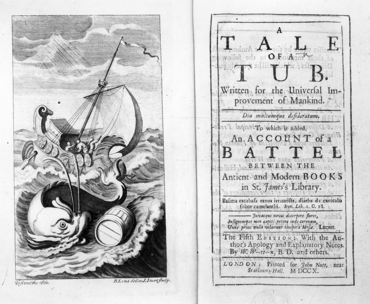 Frontispice og tittelside til A Tale of a Tub av Jonathan Swift, gravert av John Sturt, 1704 av Bernard II Lens