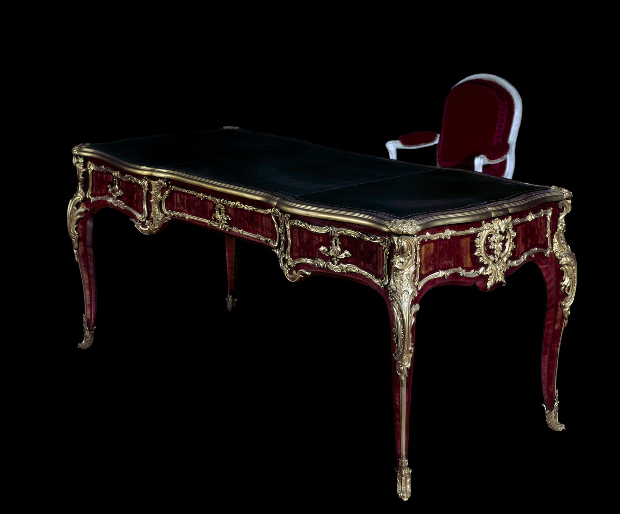 Møbler Louis XV: Office of the Dauphin-leilighet på toppen av svart marokkansk, dekorert med gyldne bronse med slipt gull, innlagt trebase av Aramante laget av BVRB (Bernard II Van Risen Burgh (etter 1696-1766))., Bibliotheque du Dauphin av Bernard II van Riesen Burgh