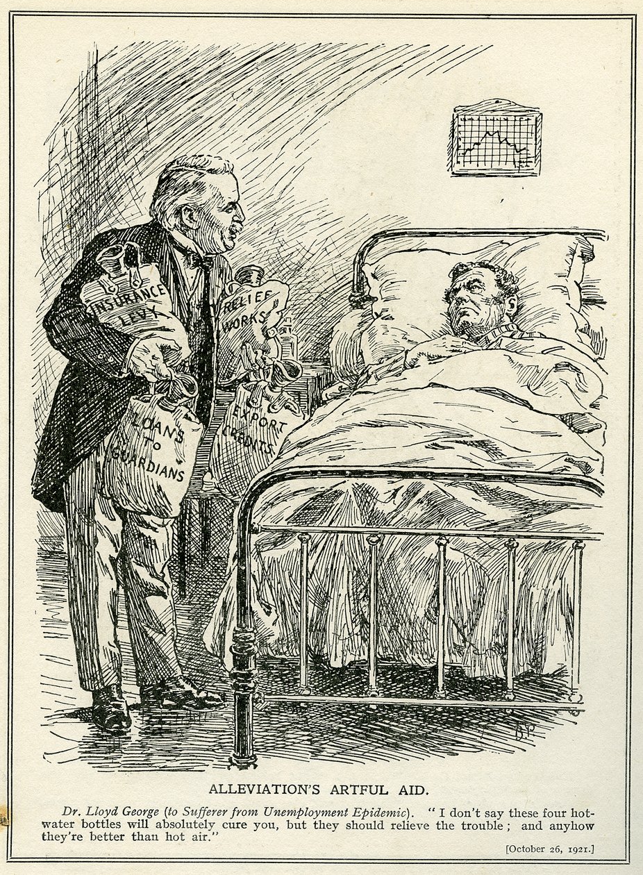 Dr Lloyd George foreslår å kurere den lidende fra arbeidsledighetsepidemien med fire varmtvannsflasker, 