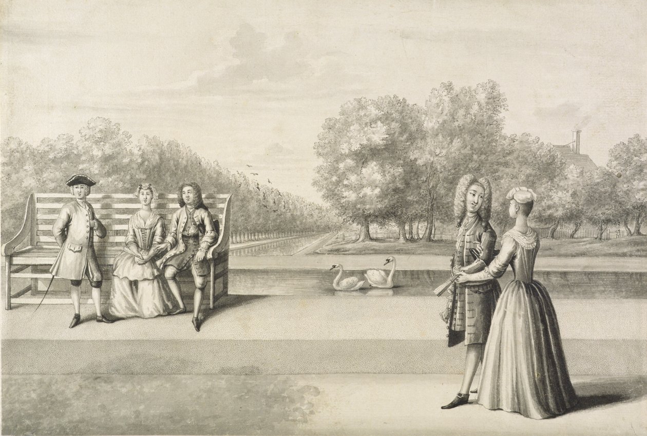 Figurer på bredden av Long Water, Hampton Court Palace (grå vask med penn og blekk over blyant på papir) av Bernard Lens