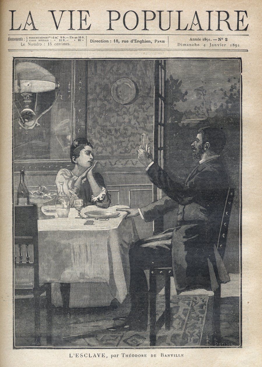 A woman listens lovingly and with admiration to the speech of the man sitting in front of her at a dinner as a couple. The llustration of B. Borione of “The Slave” by Theodore de Banville (1823-1891). Engraving from 1891 in “La vie populaire””. Private Col av Bernard Louis Borione