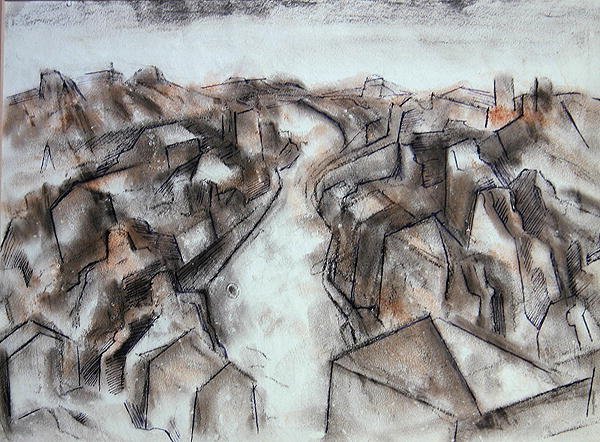 A Quiet Street (farget krittvask med blått blekk) av Bernard Meninsky
