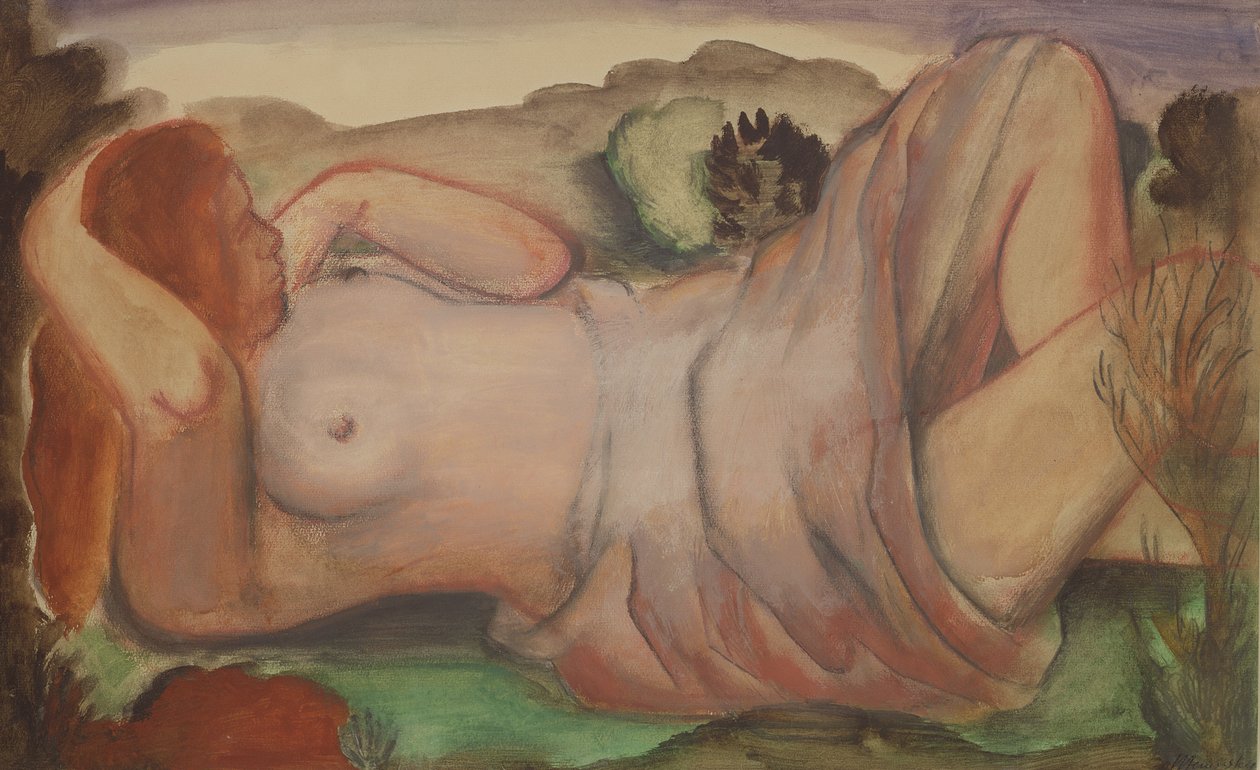 Liggende naken i et landskap, ca. 1940 (gouache, akvarell og blyant) av Bernard Meninsky