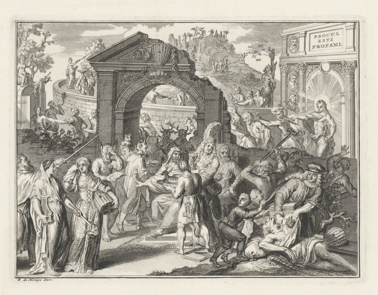 Tegneserie om teaterslaget, ca. 1685 av Bernard Picart (attributed to)