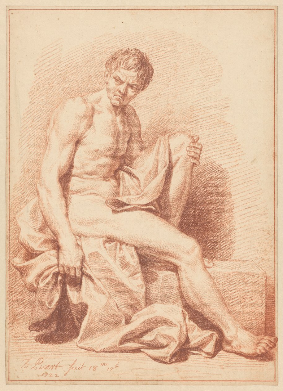Sittende naken mann med draperi av Bernard Picart (signed by artist)