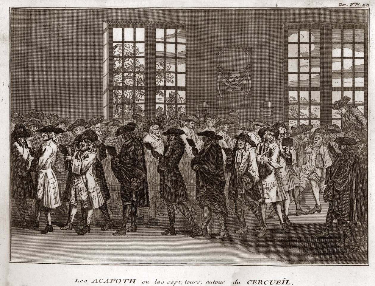 En kongregasjon av jødiske sørgende som utfører "" Acafoth"" ved en begravelse Gravering fra "" Illustrasjon av religiøse seremonier og skikker til alle verdens folk" av Bernard Picart (1723-1743) 1819 Privat samling av Bernard Picart