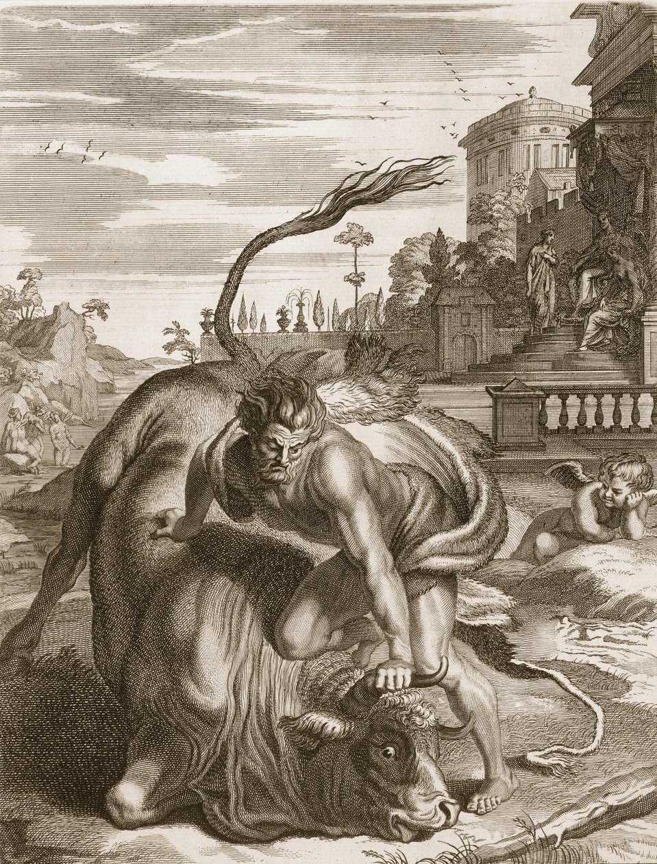 Achelous in the Shape of a Bull er beseiret av Hercules, 1731 av Bernard Picart