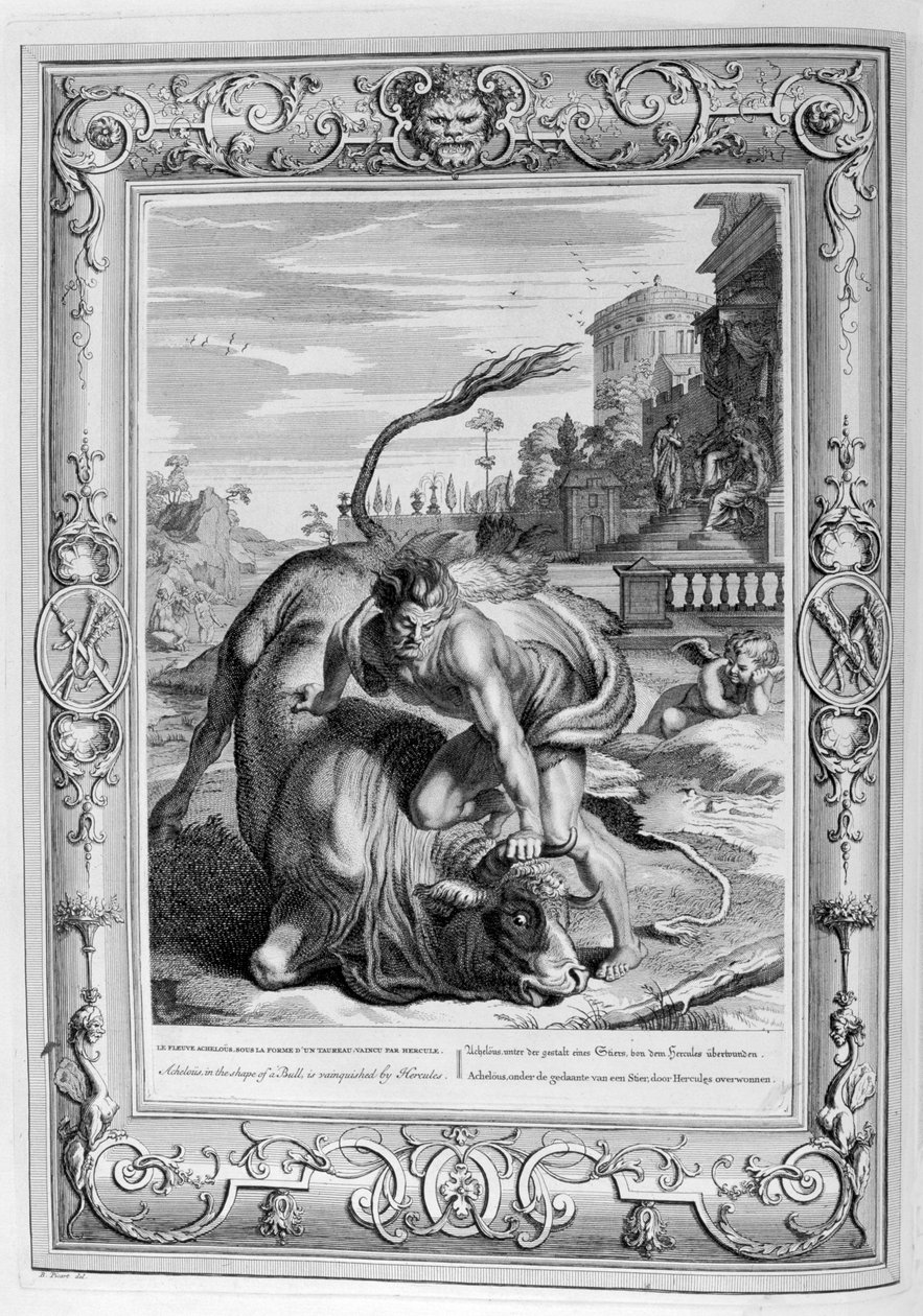 Achelous i form av en okse blir beseiret av Hercules, 1733 av Bernard Picart