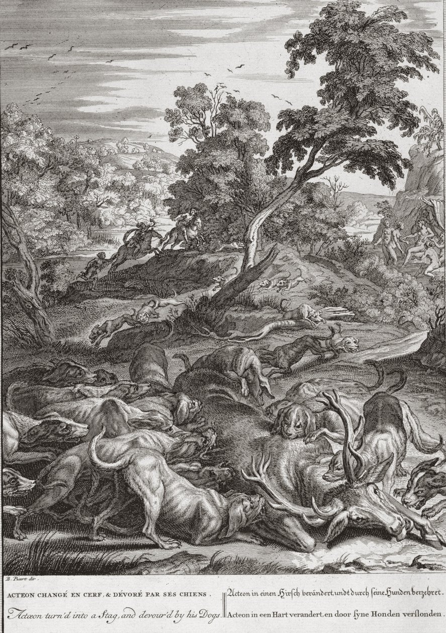 Actaeon ble til en hjort, og slukte av hundene sine, 1731 av Bernard Picart