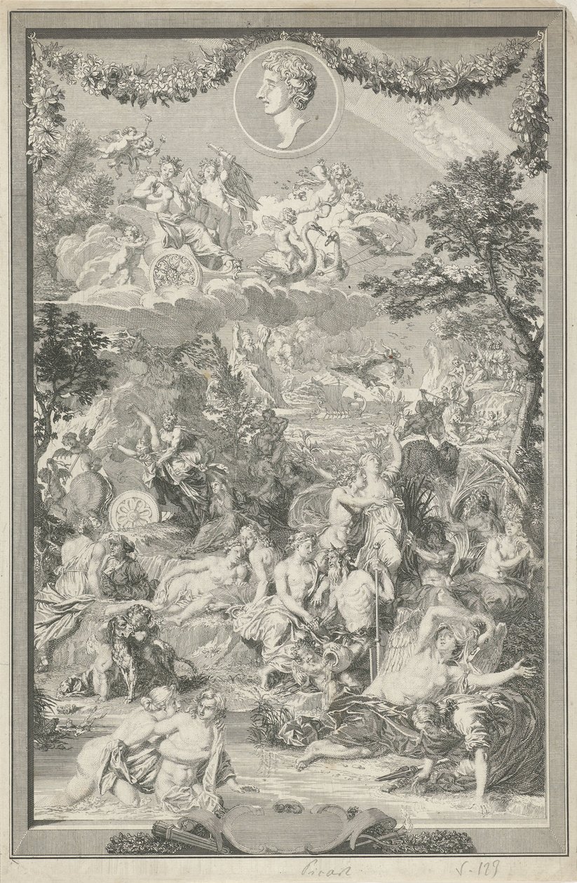 Allegorisk tittelside med ulike scener fra Ovids metamorfoser og hans portrett av Bernard Picart