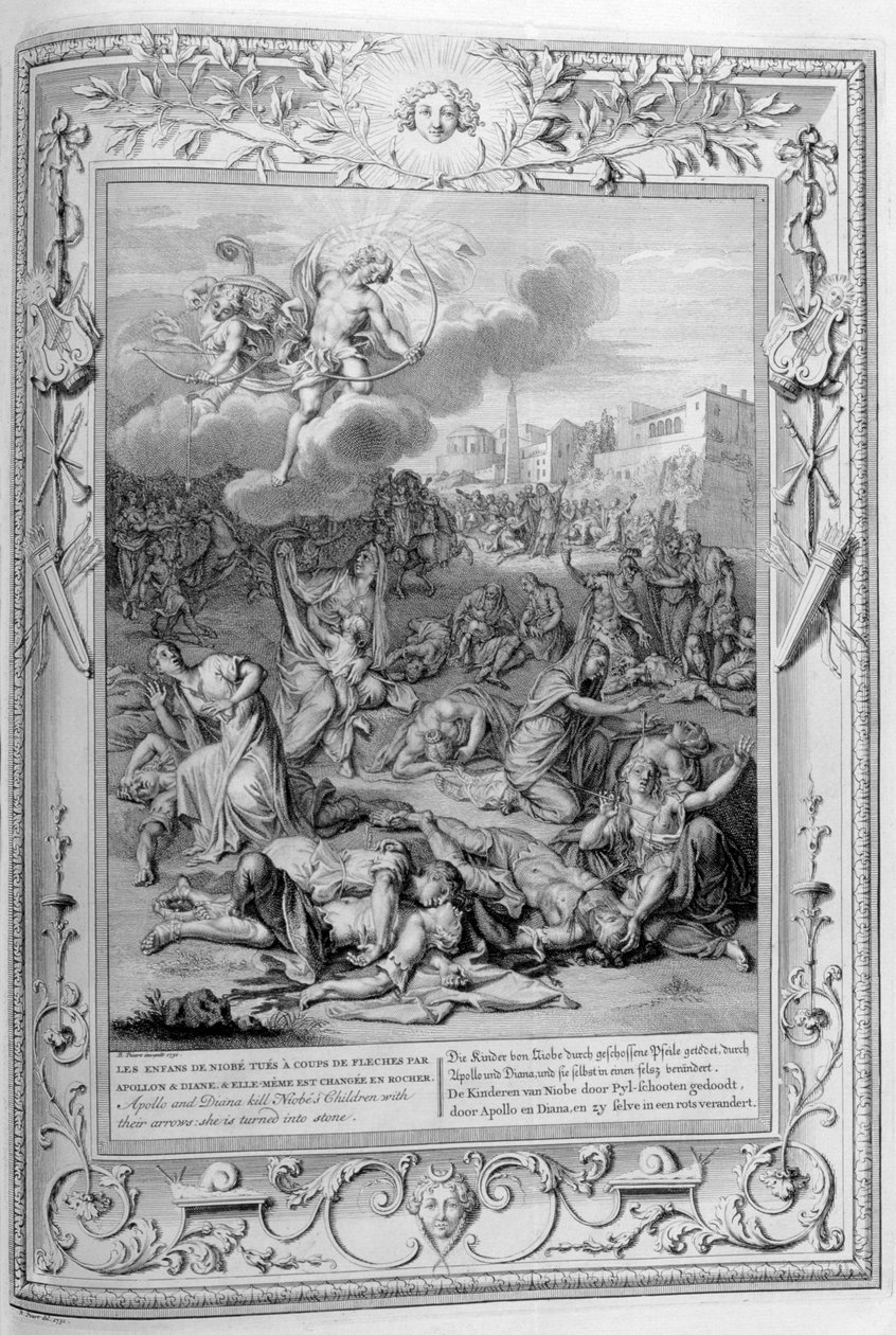 Apollo og Diana dreper Niobes barn med pilene sine, 1733 av Bernard Picart