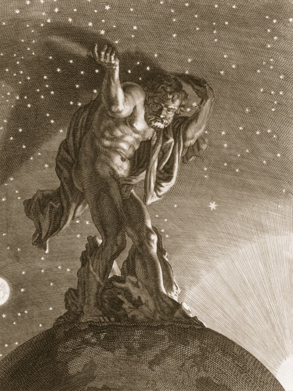 Atlas støtter himmelen på skuldrene hans, 1731 av Bernard Picart