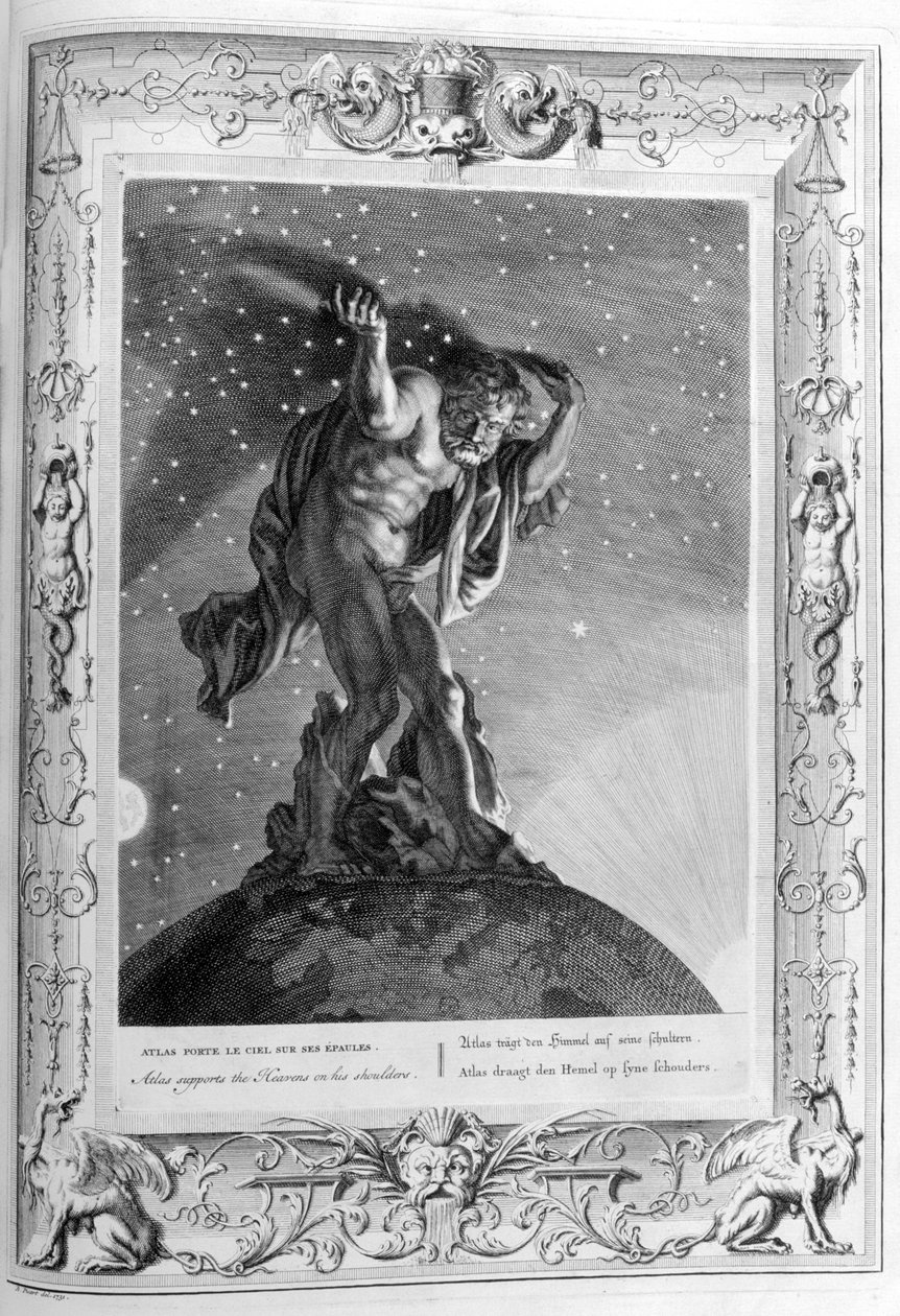 Atlas støtter himmelen på sine skuldre, 1733 av Bernard Picart