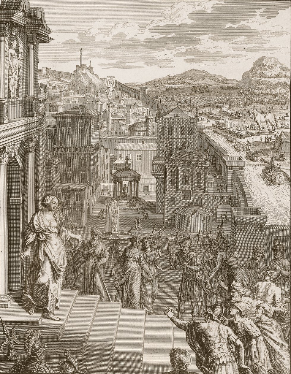 Cassandra forutsier trojanerne deres skjebne og blir ikke trodd, 1731 av Bernard Picart