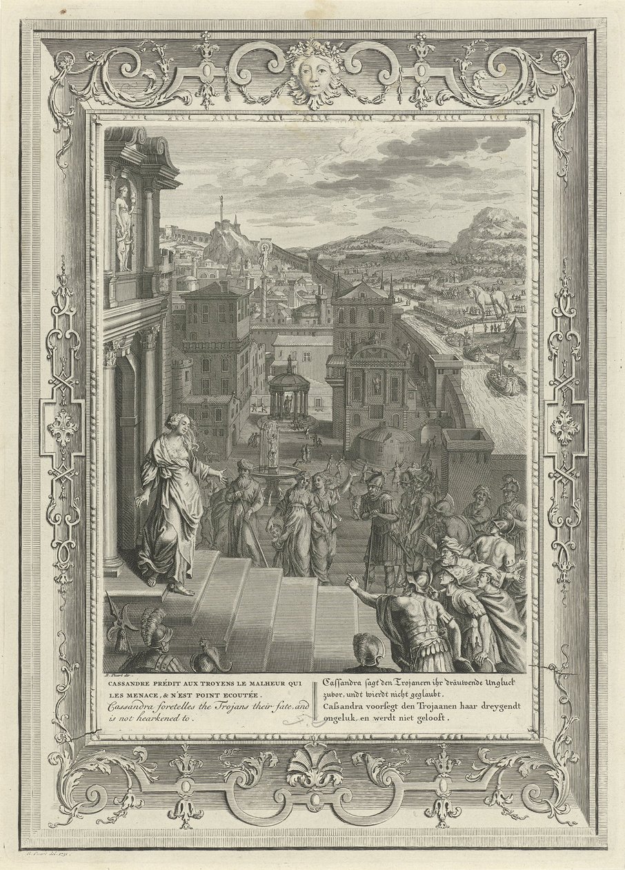 Cassandra spår Trojas undergang, 1731 av Bernard Picart
