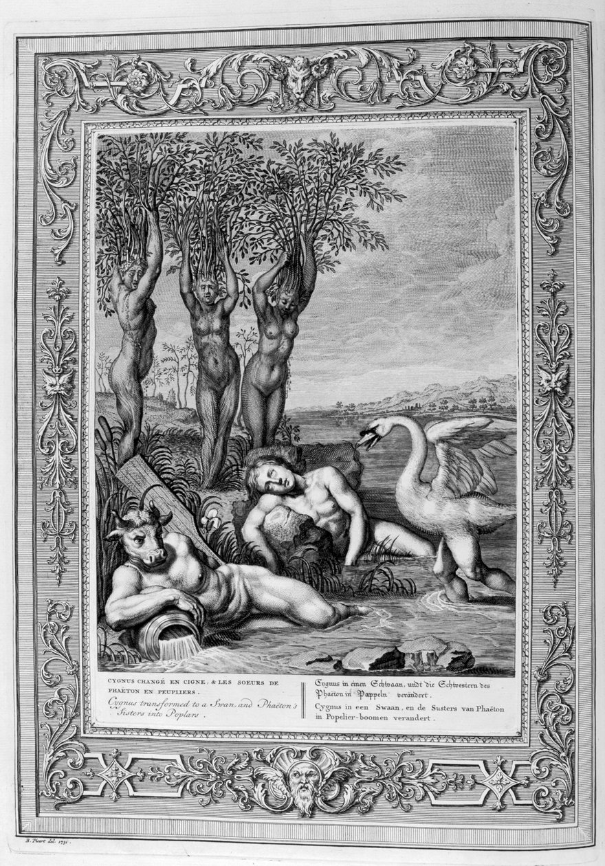 Cygnus forvandlet til en svane og Phaetons-søstre til poppel, 1733 av Bernard Picart