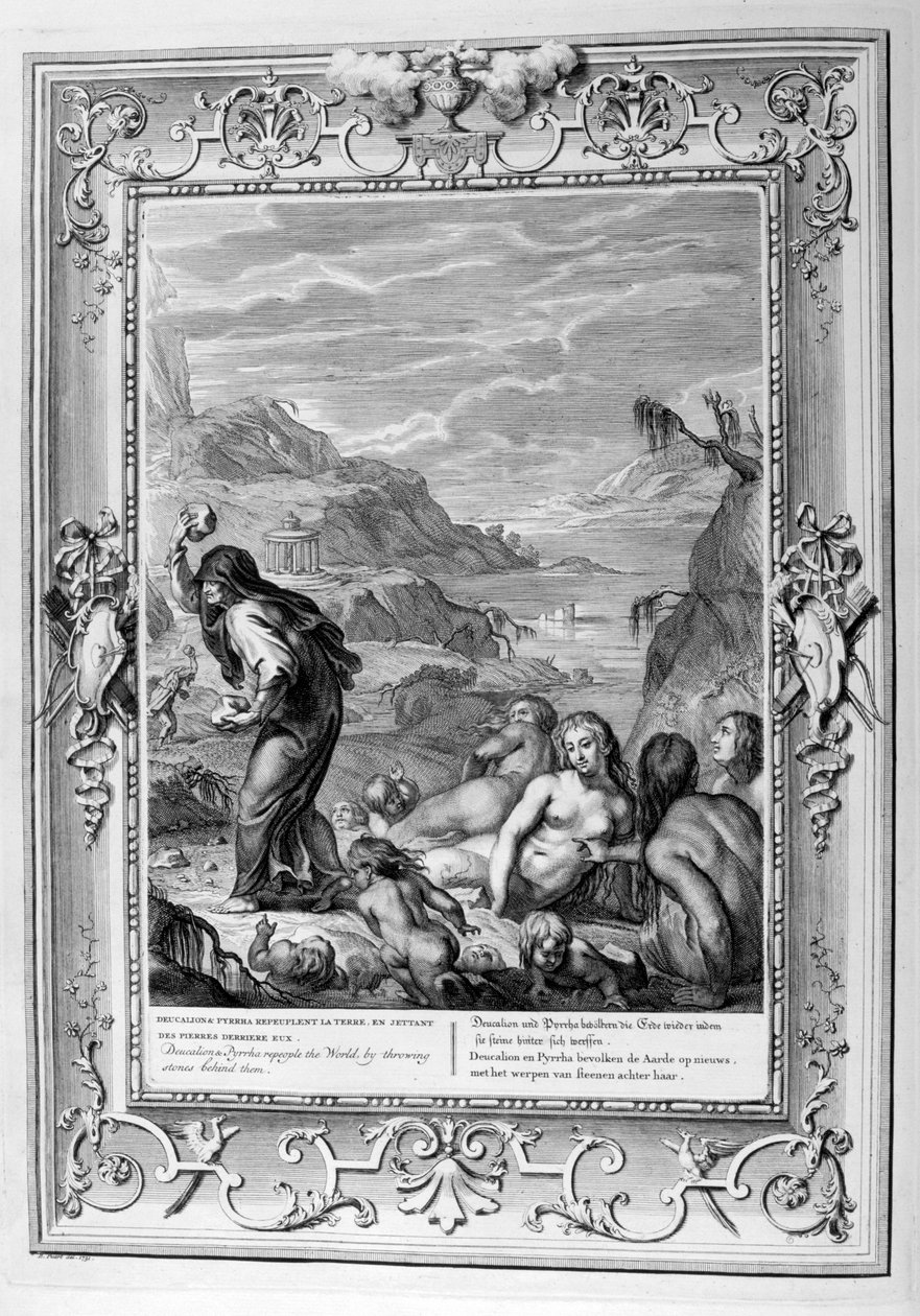 Deucalion og Pyrrha gjenoppbygger verden ved å kaste steiner bak dem, 1733 av Bernard Picart