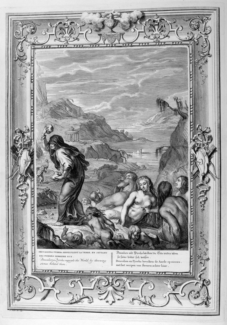 Deucalion overlever syndfloden med sin kone, Pyrrha (gravering) av Bernard Picart
