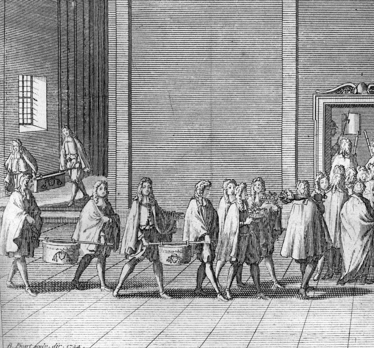 Ulike stadier av konklavet, møte med kardinalene for valg av en ny pave: rasjonene blir laget under konklavet (Vatikanet: ankomst av mat under konklavet) Gravering fra "" Illustrasjon av religiøse seremonier og skikker for alle mennesker av Bernard Picart