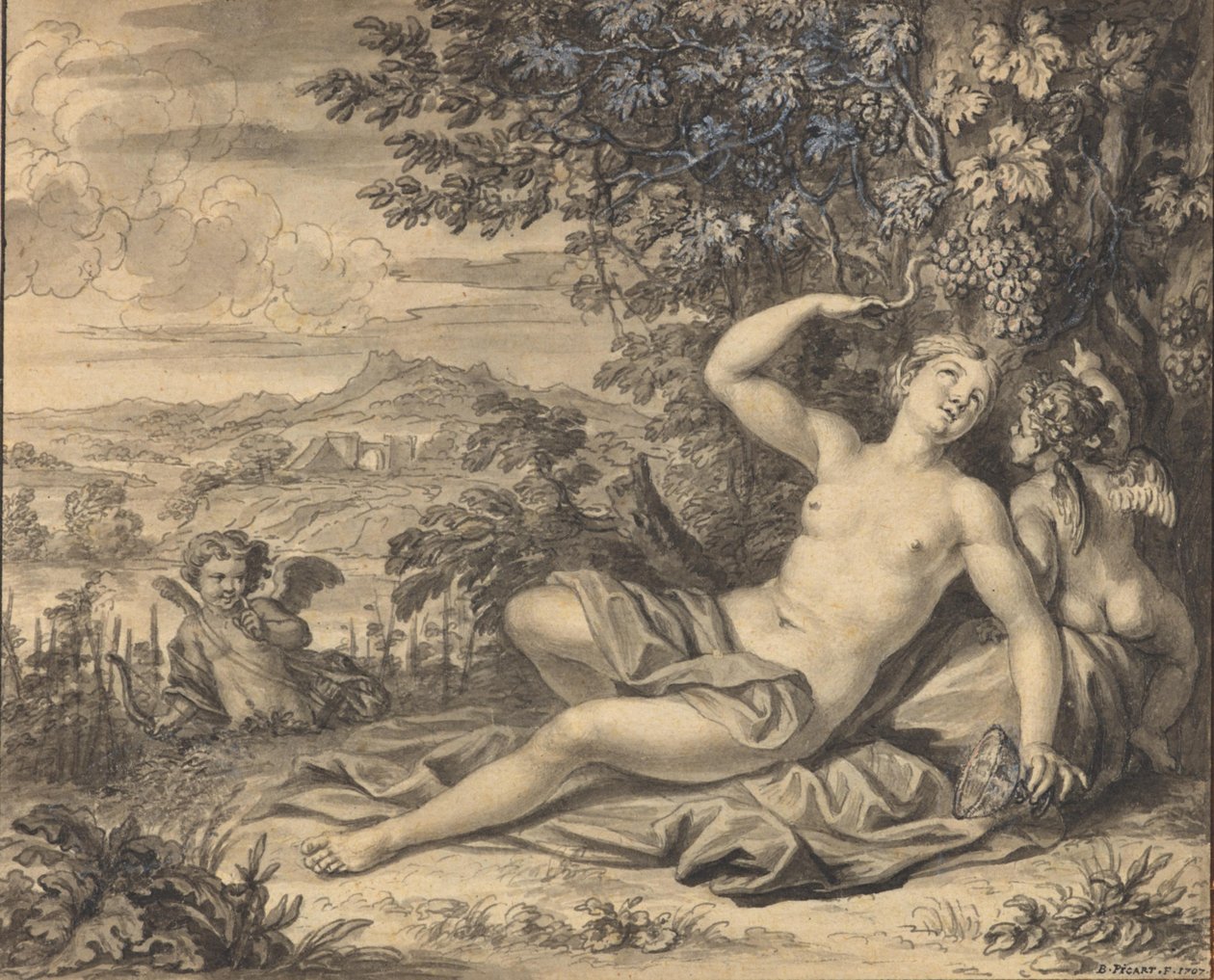 Erigone forført av Bacchus av Bernard Picart