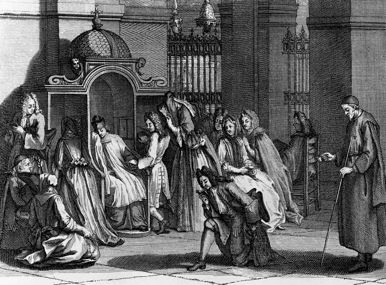 Trofast venter foran skriftestol, gravering av Bernard Picart (1673-1733) fra religiøse seremonier og skikker til alle verdens folk av Bernard Picart