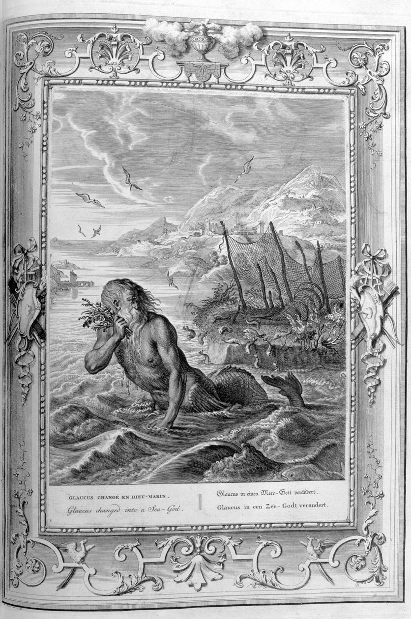 Glaucus forvandler seg fra mann til havgud (gravering) av Bernard Picart