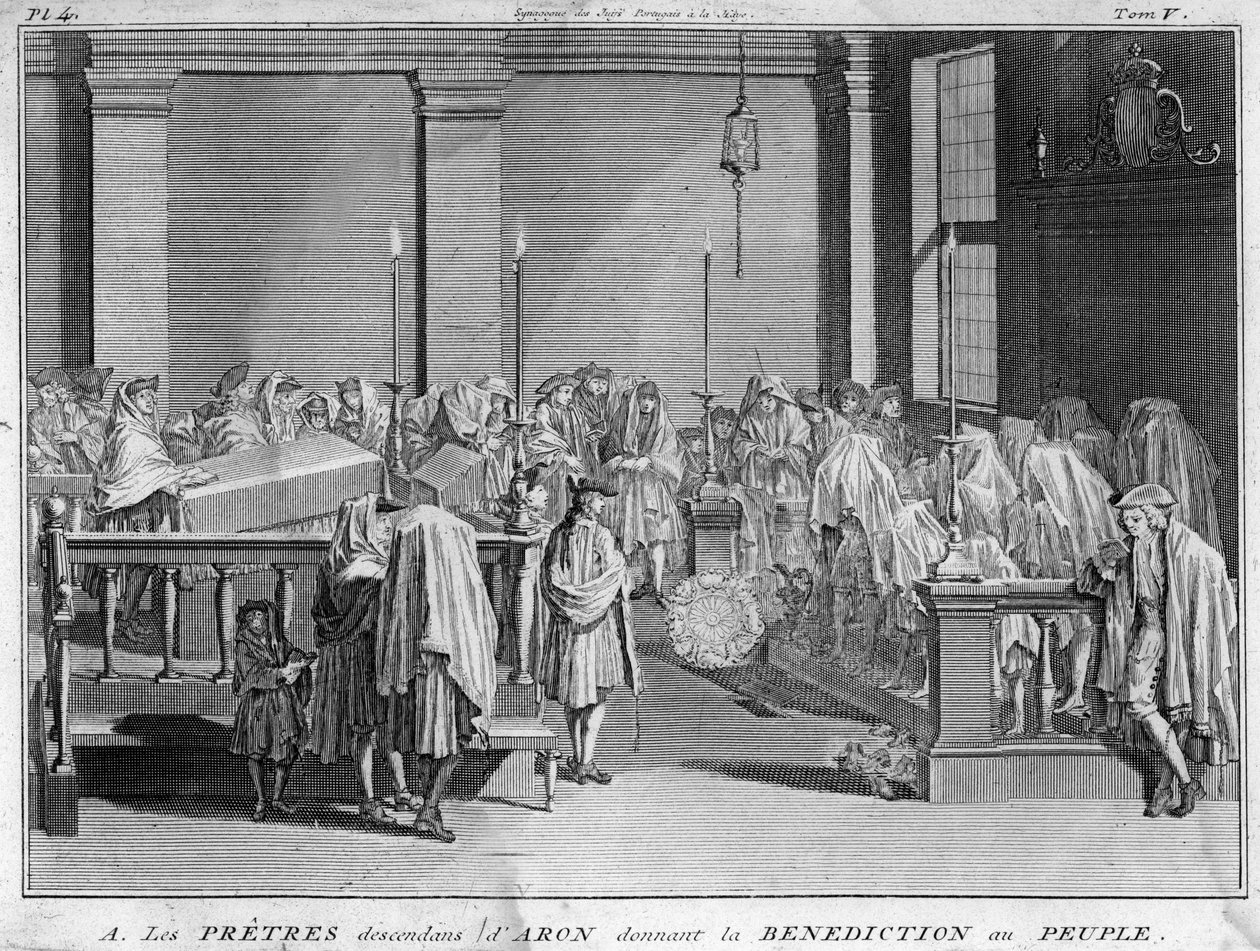 Ypperstepresten i Israel som tilhører de jødiske prestefamiliene som sporer sin farslinje tilbake til Aron gir sin velsignelse til det jødiske folket Gravering fra "" Illustration de ceremonies et customs religieuses de tous les peuples du monde"" av B av Bernard Picart