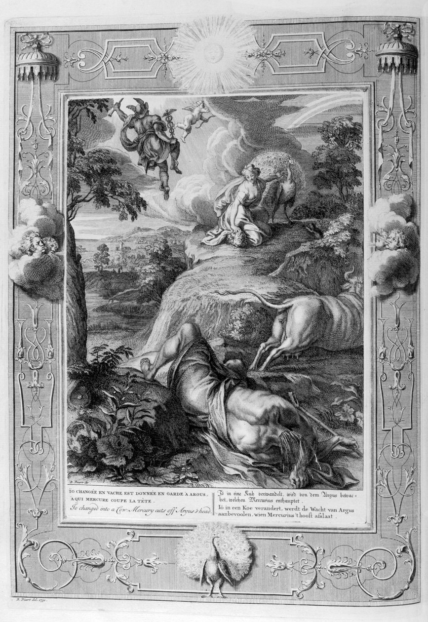 Io endret seg til en ku: Mercury cuts off Argus head, 1733 av Bernard Picart