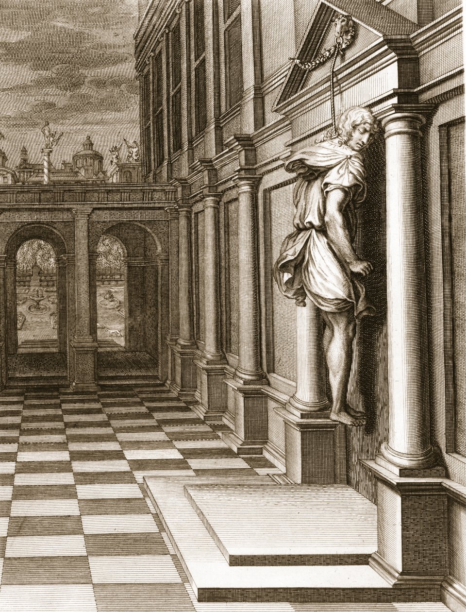 Iphis henger seg i fortvilelse over at han ikke kunne få Anaxarete, 1731 av Bernard Picart