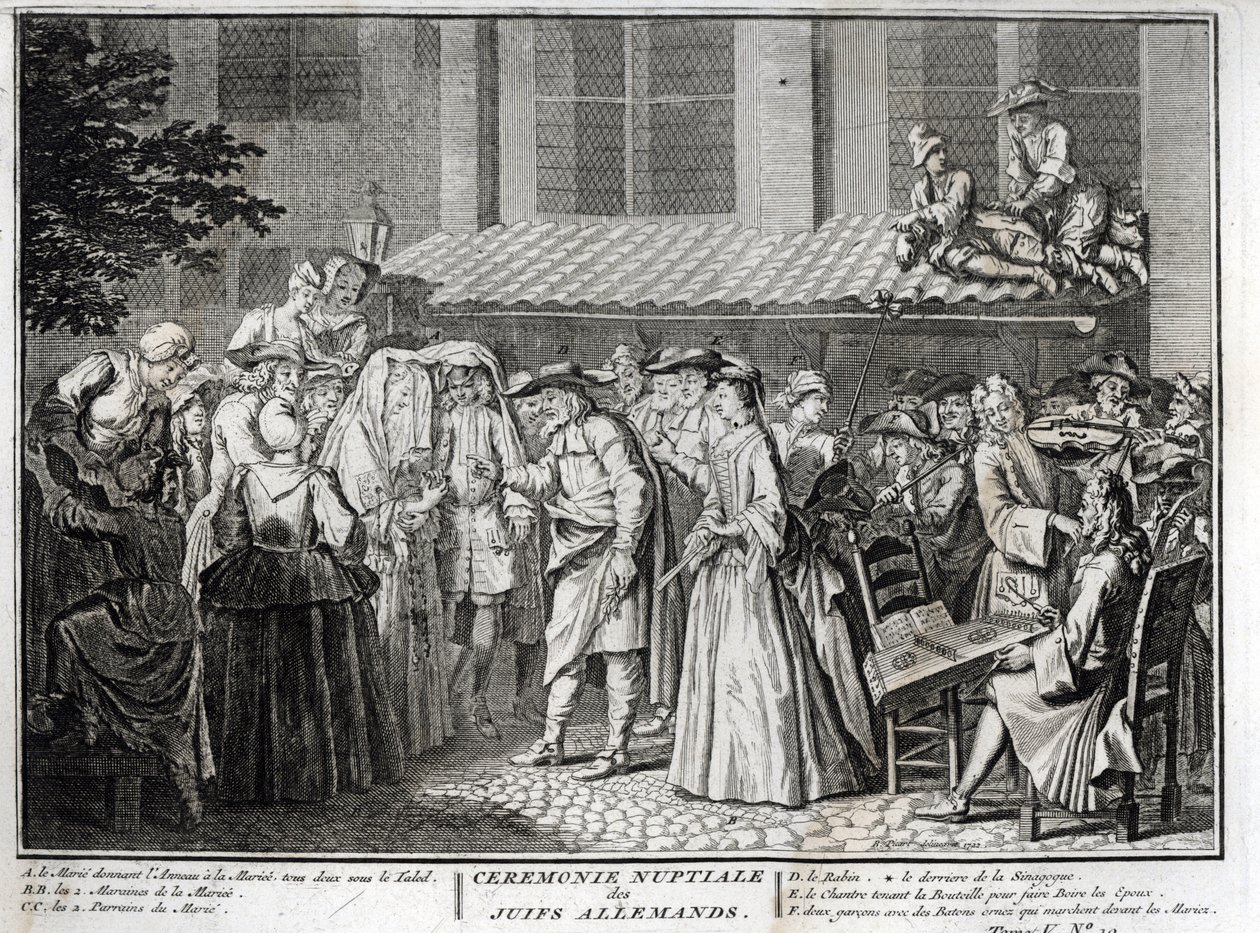 Jødisk bryllup i det jødiske tyske samfunnet Gravering fra "" Illustration de ceremonies et customs religieuses de les peuples du monde" av Bernard Picart (1723-1743) 1819 Privat samling av Bernard Picart
