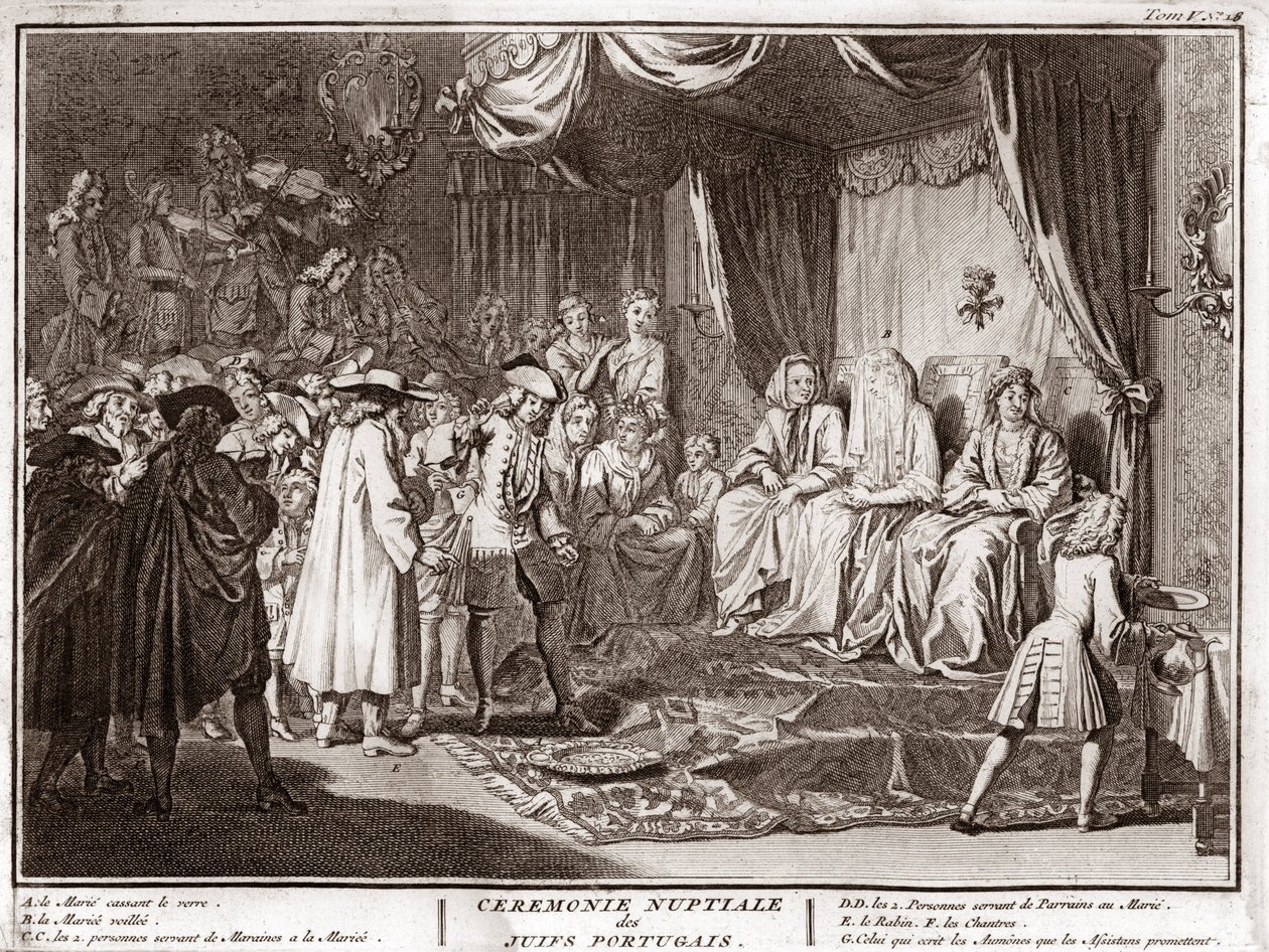Jødisk bryllup i det jødiske portugisiske samfunnet Gravering fra "" Illustrasjon av seremonier og religiøse skikker til alle verdens folk"" av Bernard Picart (1723-1743) 1819 Privat samling av Bernard Picart