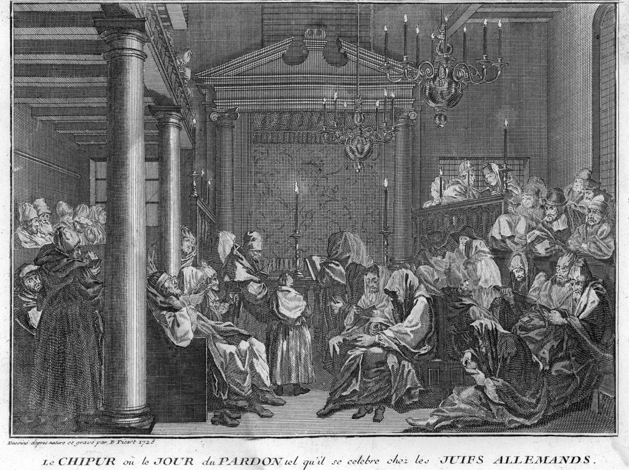 Jødedom: Chipur-festen blant tyske jøder (Yom Kippur, forsoningsdagen for det jødiske folk) Gravering fra "Illustrasjon av seremonier og religiøse skikker for alle verdens folk" av Bernard Picart (1723-1743) 1819 Privat samling av Bernard Picart