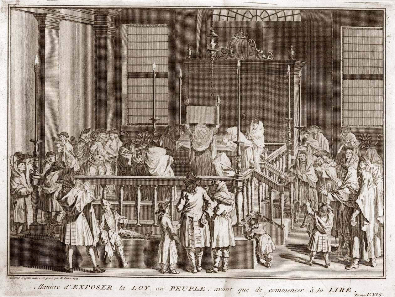 Jødedom: visning av Toraen i en synagoge før lesingen) Gravering fra "" Illustration de ceremonies et customs religieuses de tous les peuples du monde"" av Bernard Picart (1723-1743) 1819 Privat samling av Bernard Picart