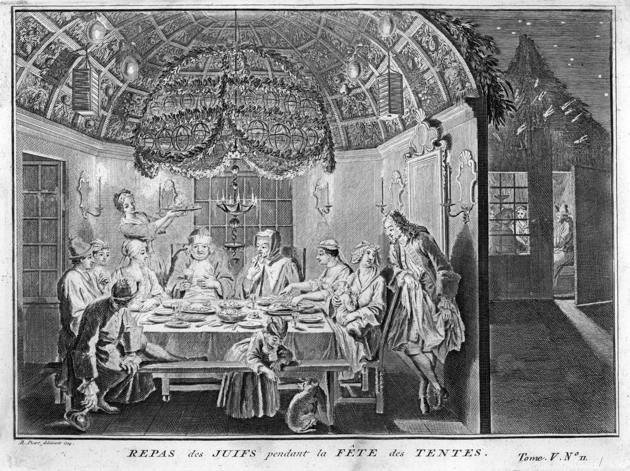 Jødedom: måltid for det jødiske folk under Sukkot (sukkot eller Sukkos) festen for tabernaklene eller løvhyttene) Gravering fra "" Illustration de ceremonies et customs religieuses de tous les peuples du monde" av Bernard Picart (1723-1743) 1819 Privat sam av Bernard Picart