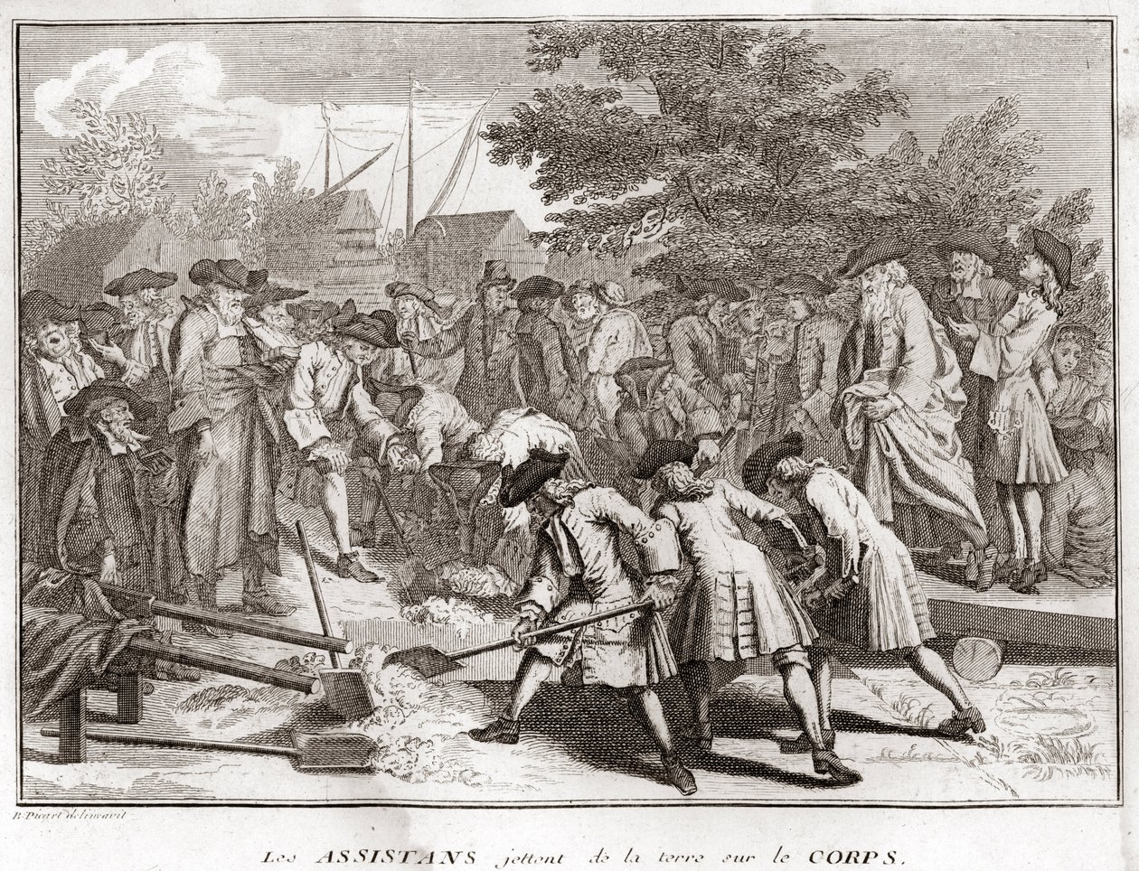 Jødedom: assistentene kaster jord på kroppen under begravelsen (jødisk begravelse) Gravering fra "" Illustrasjon av religiøse seremonier og skikker til alle verdens folkeslag"" av Bernard Picart (1723-1743) 1819 Privat samling av Bernard Picart