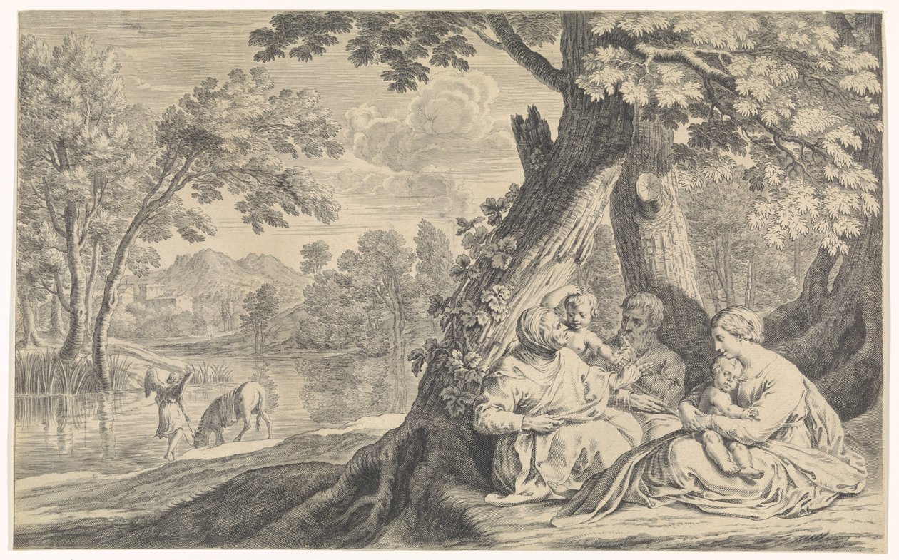 Landskap med den hellige familie, akkompagnert av Elisabeth og døperen Johannes av Bernard Picart