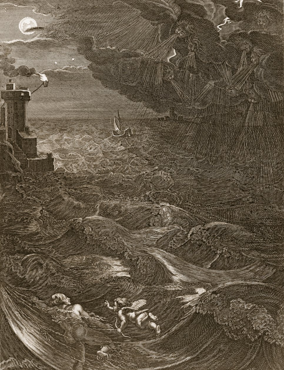 Leander svømmer over Hellespont for å møte sin elskerinnehelt, 1730 av Bernard Picart