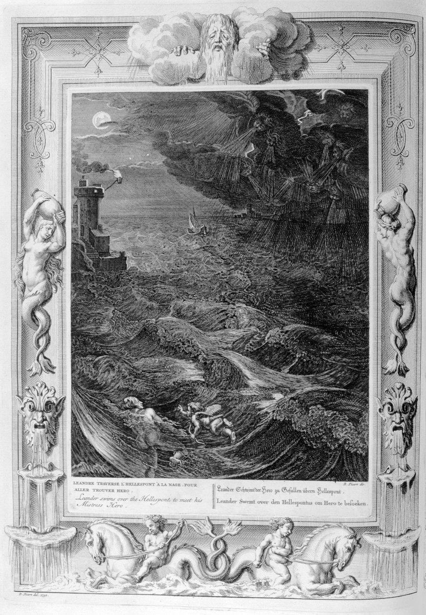 Leander svømmer over Hellespont for å møte sin elskerinnehelt, 1733 av Bernard Picart