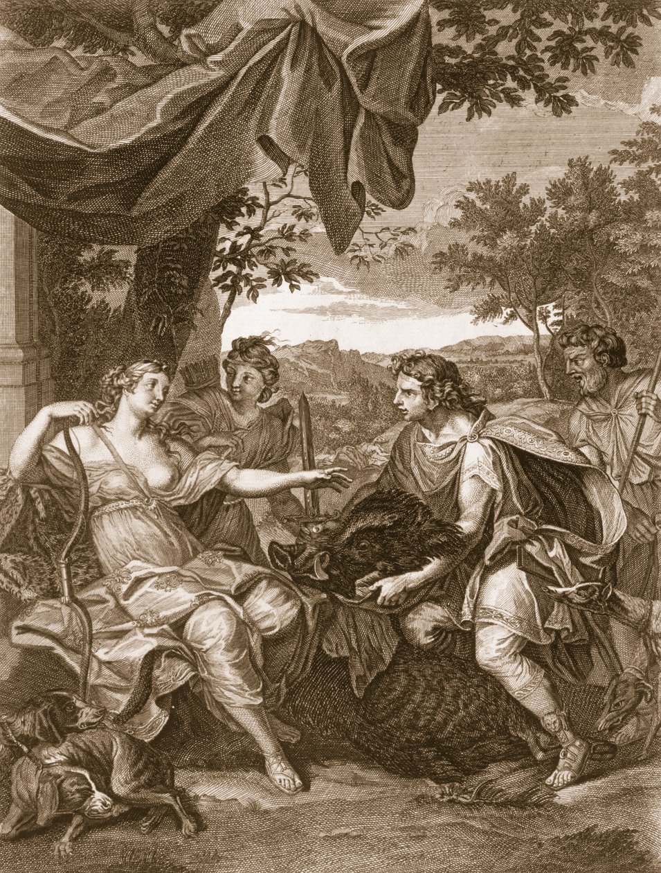 Meleager presenterer villsvinens hode til Atalanta, 1731 av Bernard Picart