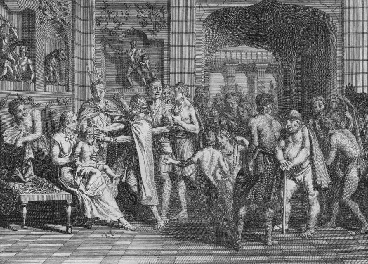 Håret er klippet, og sønnene til LYncas får et navn, 1723. av Bernard Picart