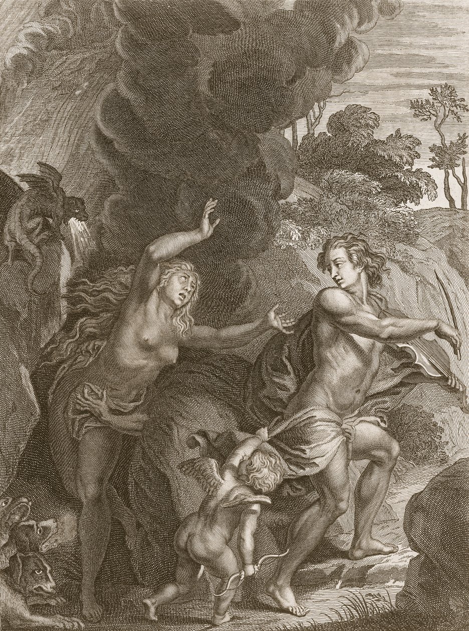 Orpheus, Leading Eurydice Out of Hell, ser tilbake på henne og mister henne for alltid, 1731 av Bernard Picart