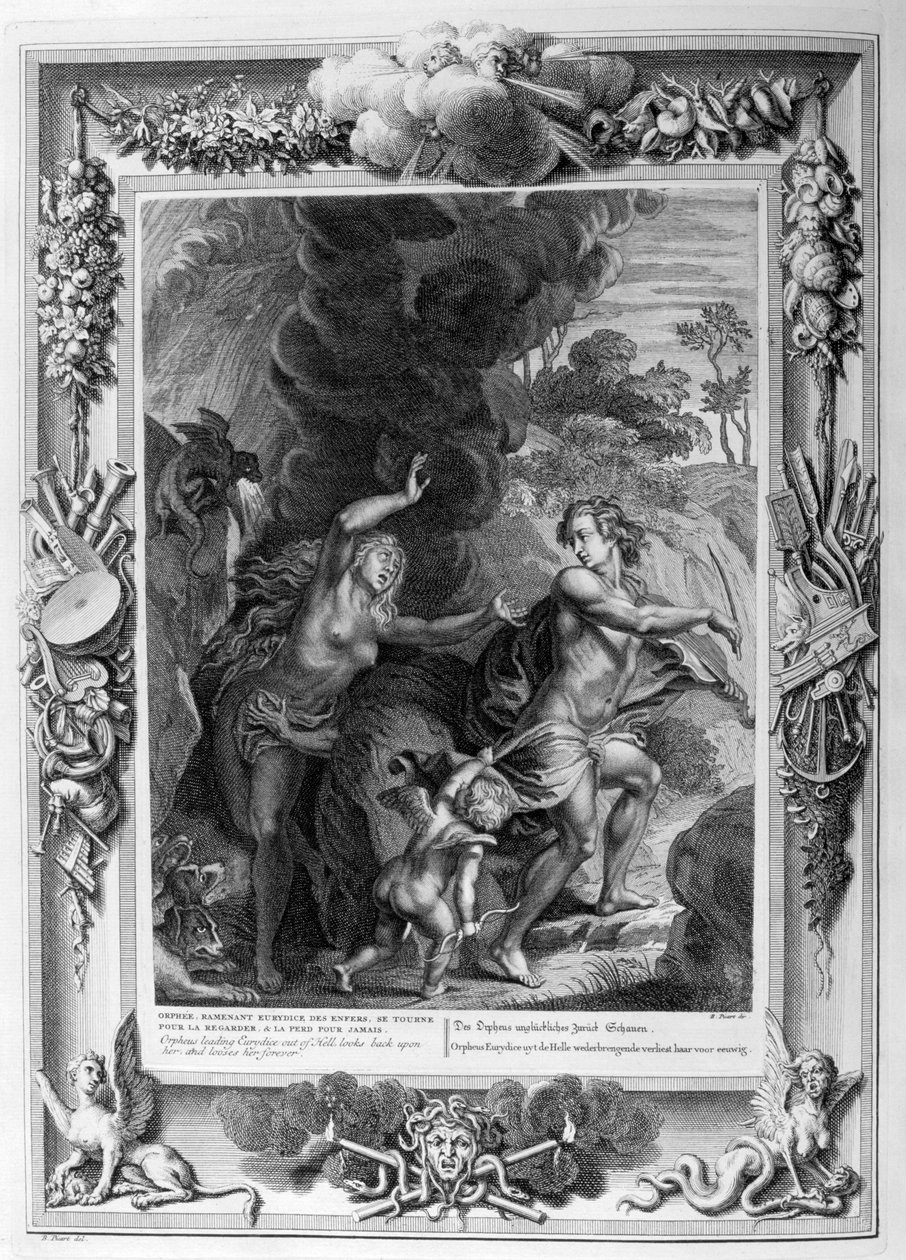 Orfeus, som leder Eurydike ut av helvete, ser tilbake på henne og mister henne for alltid, 1733 av Bernard Picart