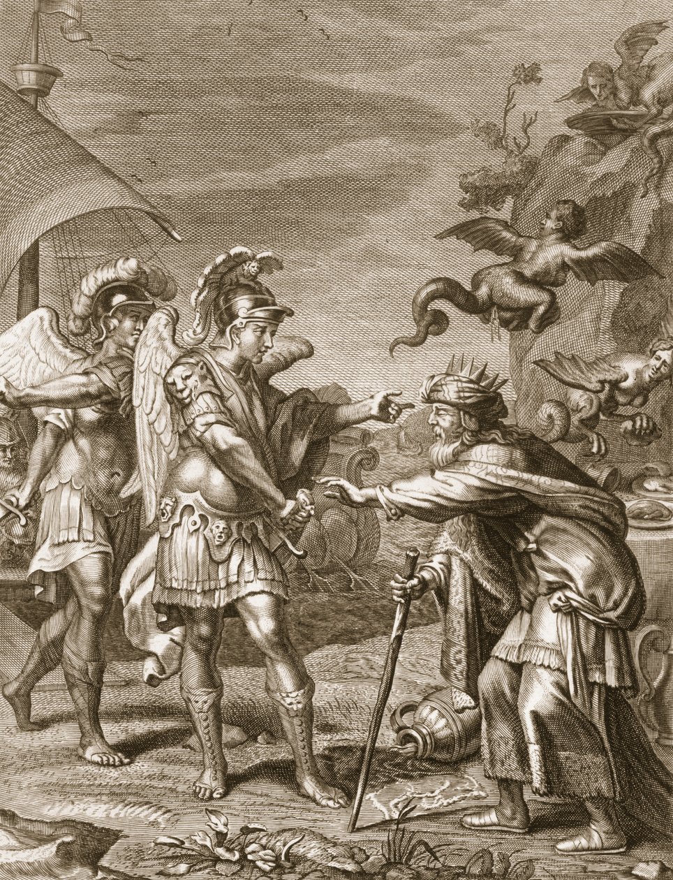 Phineus er levert fra harpiene av Calais og Zethes, 1731 av Bernard Picart