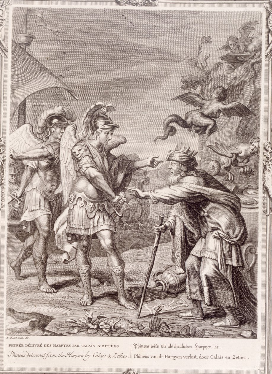 Phineus er levert fra harpiene av Calais og Zethes, 1731 av Bernard Picart