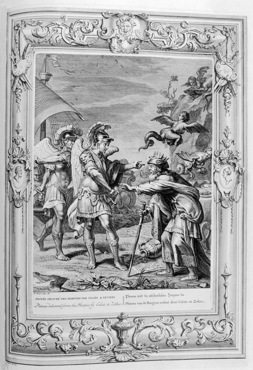 Phineus er levert fra harpiene av Calais og Zethes, 1733 av Bernard Picart