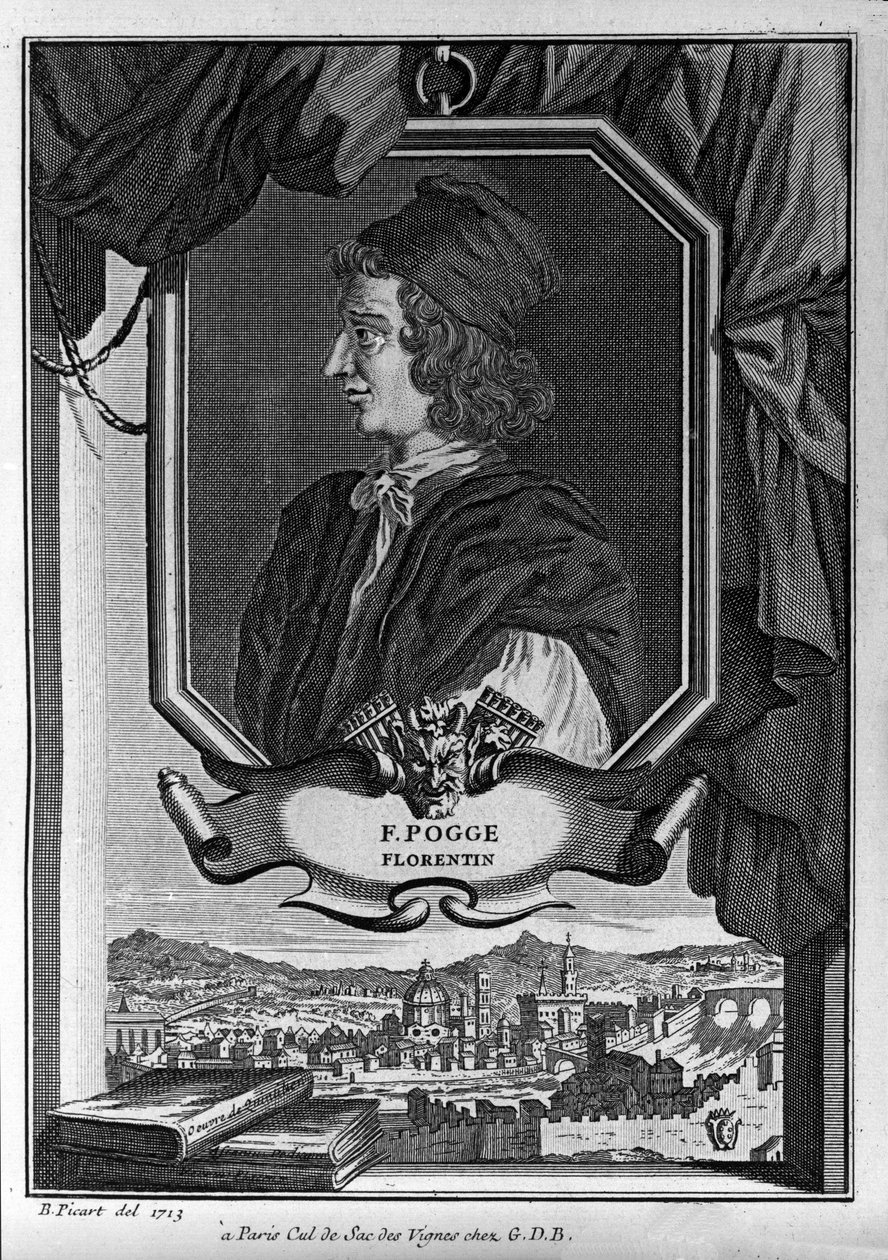 Portrett av Giovanni Francesco Poggio Bracciolini, kjent som Le Pogge eller Le Pogge Florentin (1380-1459), italiensk humanist, gravering av Bernard Picart, Paris av Bernard Picart