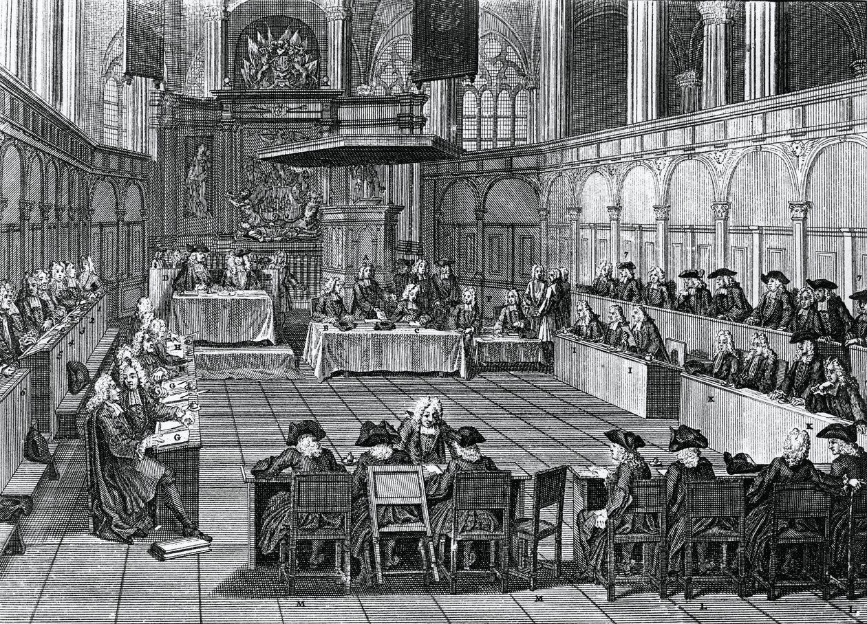 Protestantisk synode holdt i 1730 i Nieuwe Kerk (New Church) i Amsterdam, Nederland, gravering av Bernard Picart (1673-1733) av Bernard Picart