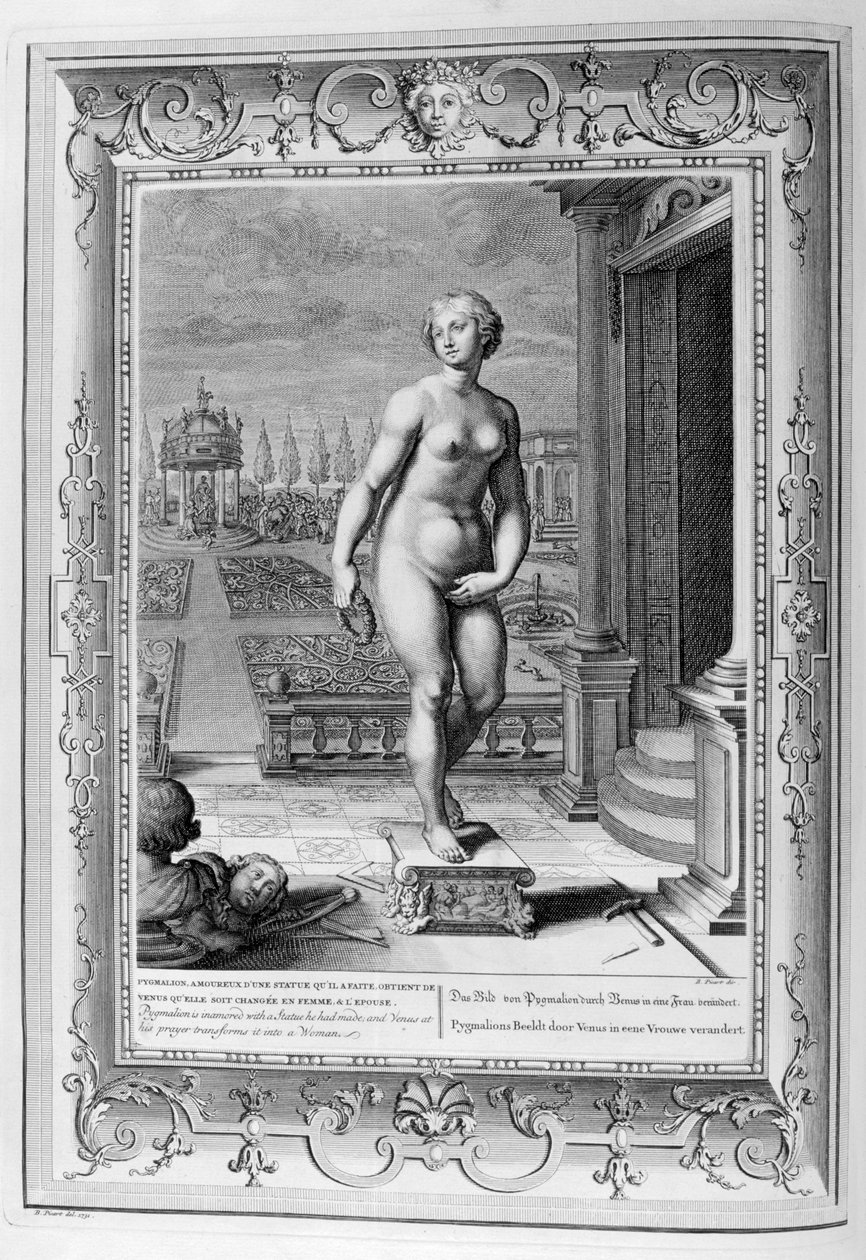 Pygmalion er forelsket i en statue han har laget, 1733. av Bernard Picart