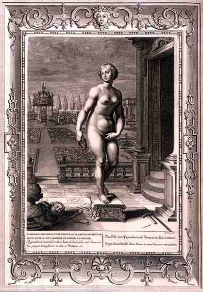 Pygmalion er forelsket i en statue han har laget, og ved sin bønn forvandler Venus den til en kvinne av Bernard Picart